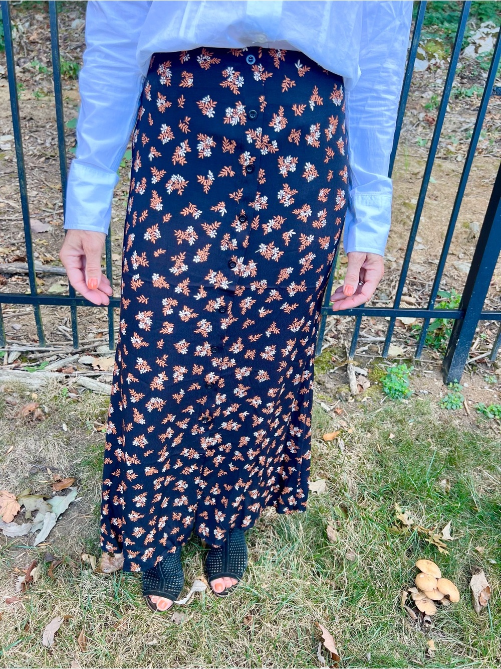 Blu Pepper Black Maxi Skirt with Orange & White Floral Print